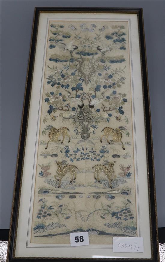 A Chinese embroidered silk sleeve panel, late Qing dynasty 49 x 18cm excl. frame